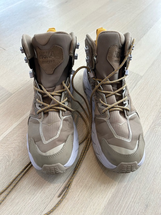 Hoka Anacapa Gore-Tex Brown and White Trail Mid-Top Sneakers with Yellow Accents - Picture 3 of 6